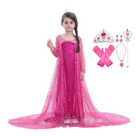 Fancydresswale Elsa Princess Birthday Party Dress for Little Girls with Crown,Wand,Gloves Accessories 3-12 Years, Rose Red