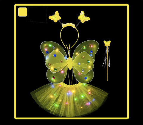 Butterfly wings, Skirt, hairband and magic wand with LED lights for Girl's Birthday One size fits (3-7 Years)-Yellow