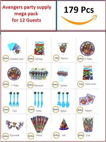 Avengers Theme Birthday Party Supply Mega Pack for 12 Guests 16 Items 179 Pcs
