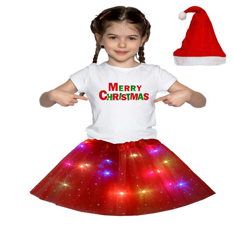 Christmas T_Shirt and Tutu Led Skirt with X-Mas Santa Cap Christmas Party Dress for Girls