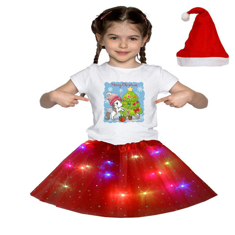 Christmas T_Shirt and Tutu Led Skirt with X-Mas Santa Cap Christmas Party Dress for Girls