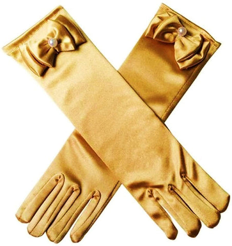 Satin Gloves Princess Dress Up Bows Gloves Long Gloves for Party(Golden)