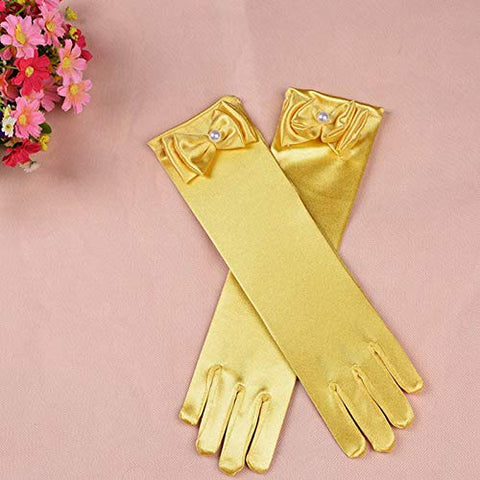Satin Gloves Princess Dress Up Bows Gloves Long Gloves for Party(Golden)