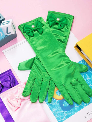 Satin Gloves Princess Dress Up Bows Gloves Long Gloves for Party(Green)