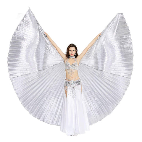 Opening Belly Dance Isis Wings Dancing Props with Sticks Rods-Silver