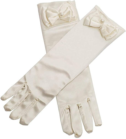 Satin Gloves Princess Dress Up Bows Gloves Long Gloves for Party(Off White)