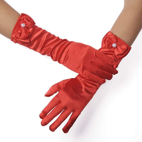 Satin Gloves Princess Dress Up Bows Gloves Long Gloves for Party(Red)