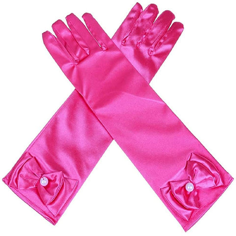 Satin Gloves Princess Dress Up Bows Gloves Long Gloves for Party(Rose Red)