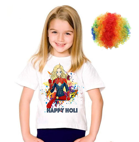 Holi Shirts for Girls with Multicolor Holi Wig