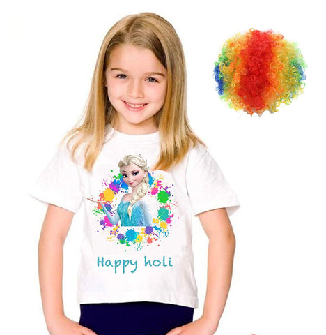 Holi Shirts for Girls with Multicolor Holi Wig