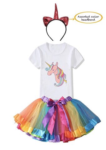 FancyDressWale Unicorn Birthday Princess Dress for Girls Tutu Skirt, T-Shirt and Assorted Head Band