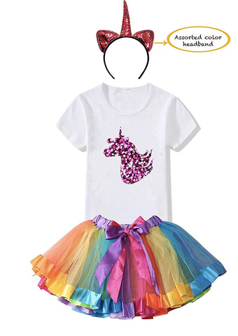 FancyDressWale Unicorn Birthday Princess Dress for Girls Tutu Skirt, T-Shirt and Assorted Head Band