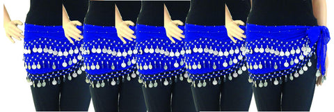 Belly Dance Hip Scarf Waist Belt with Gold Coins for Women and Girls (Blue, Set of 5)