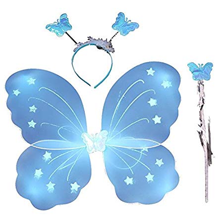 Girls Butterfly Fairy Angel Wing, Wand And Hairband (Blue)