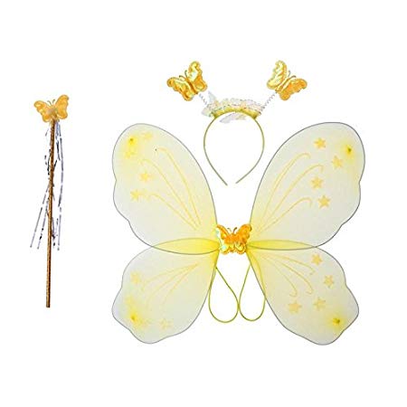Girls Butterfly Fairy Angel Wing, Wand and Hairband for Baby Kid Birthday Party (Yellow)